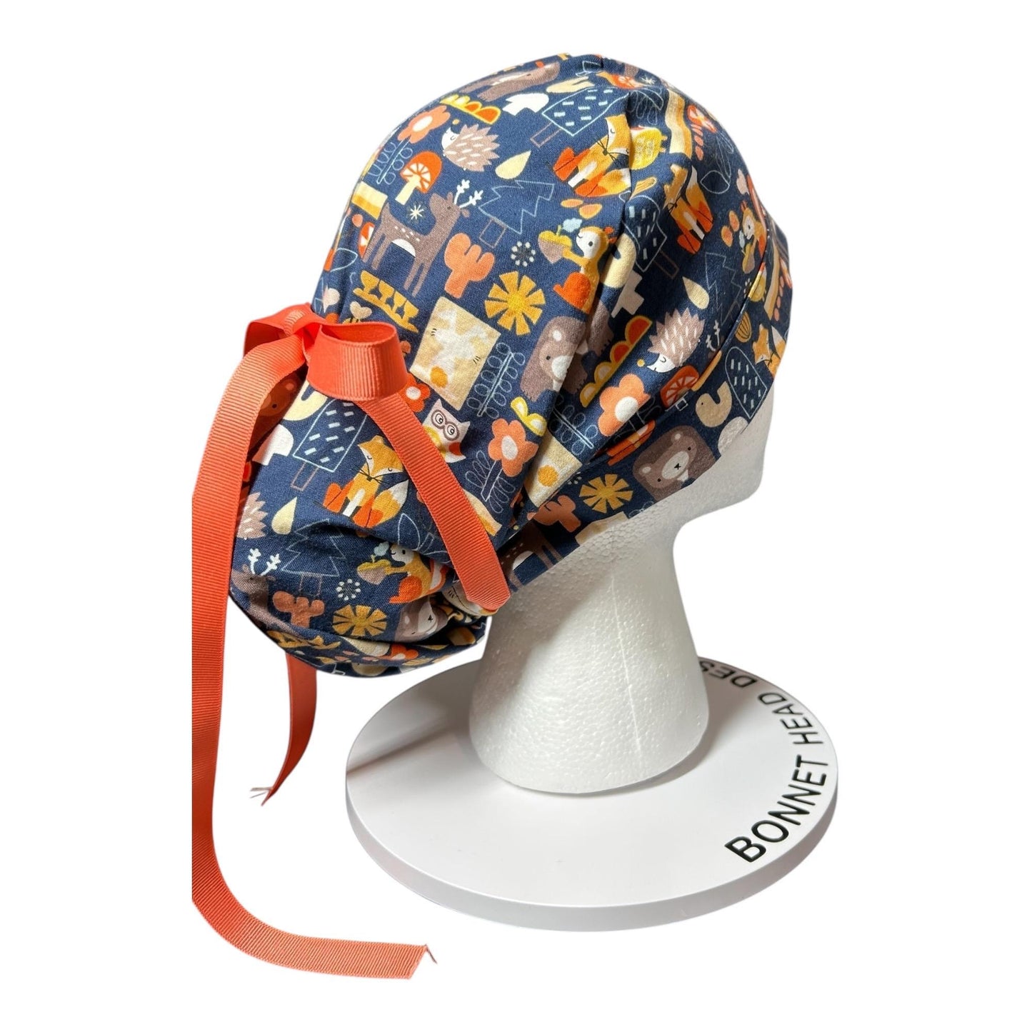 Navy Fall Animal Print Ponytail Scrub Cap: Adjustable Pocket