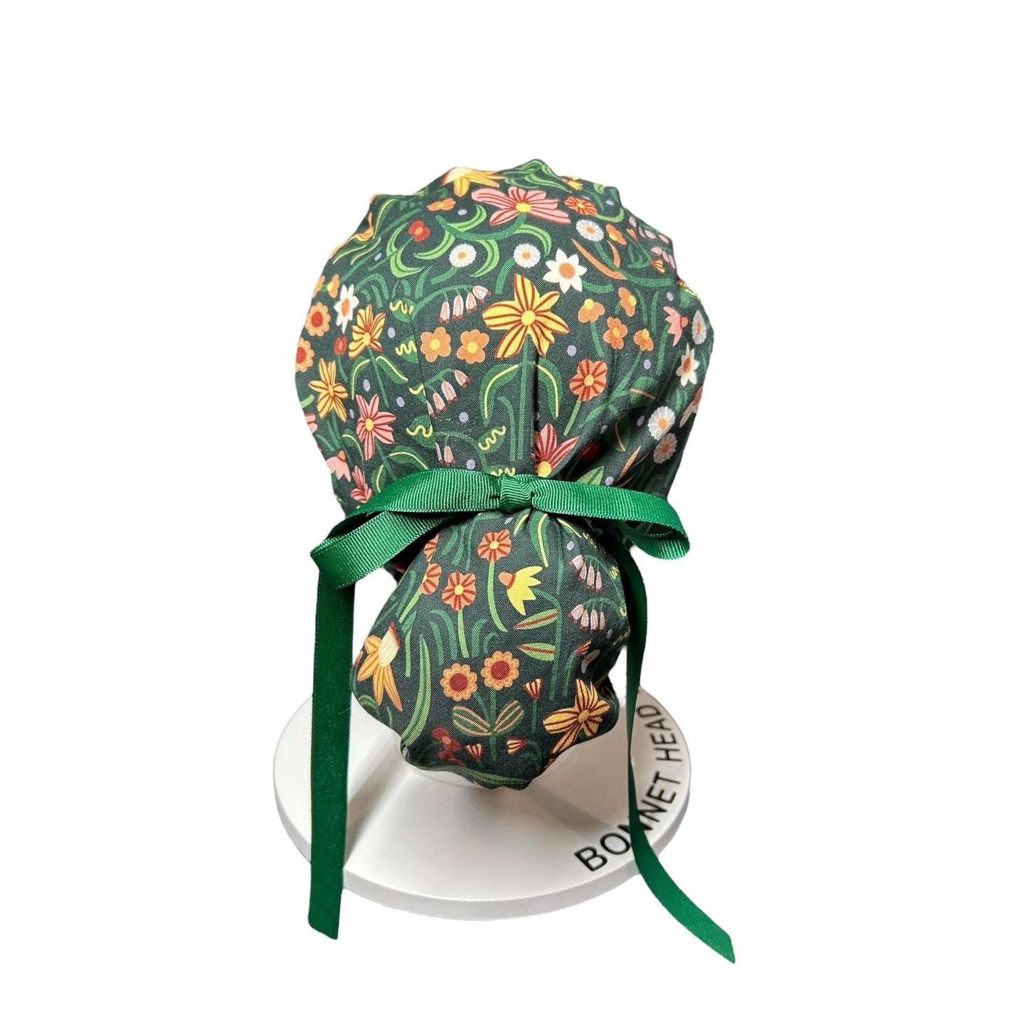 Floral Scrub Hat: Green Spring Fabric, Bun/Ponytail Style