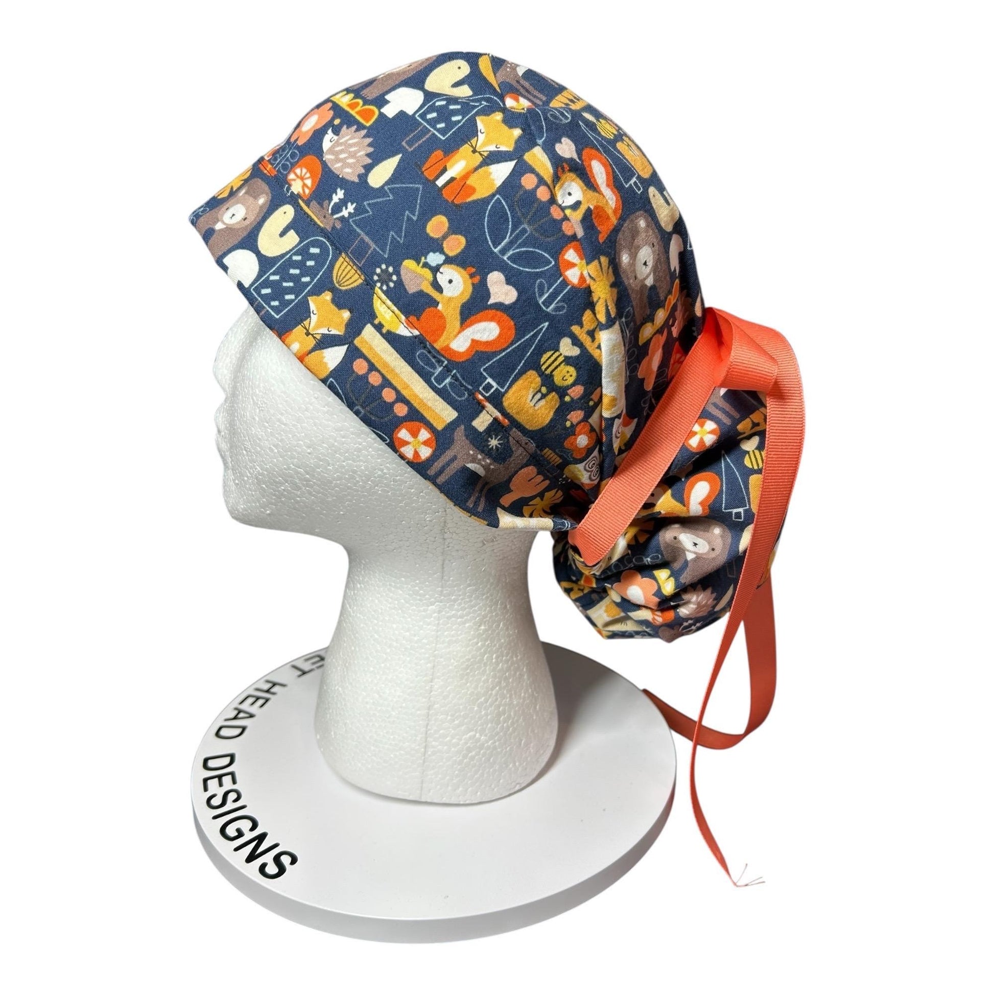 Navy Fall Animal Print Ponytail Scrub Cap: Adjustable Pocket