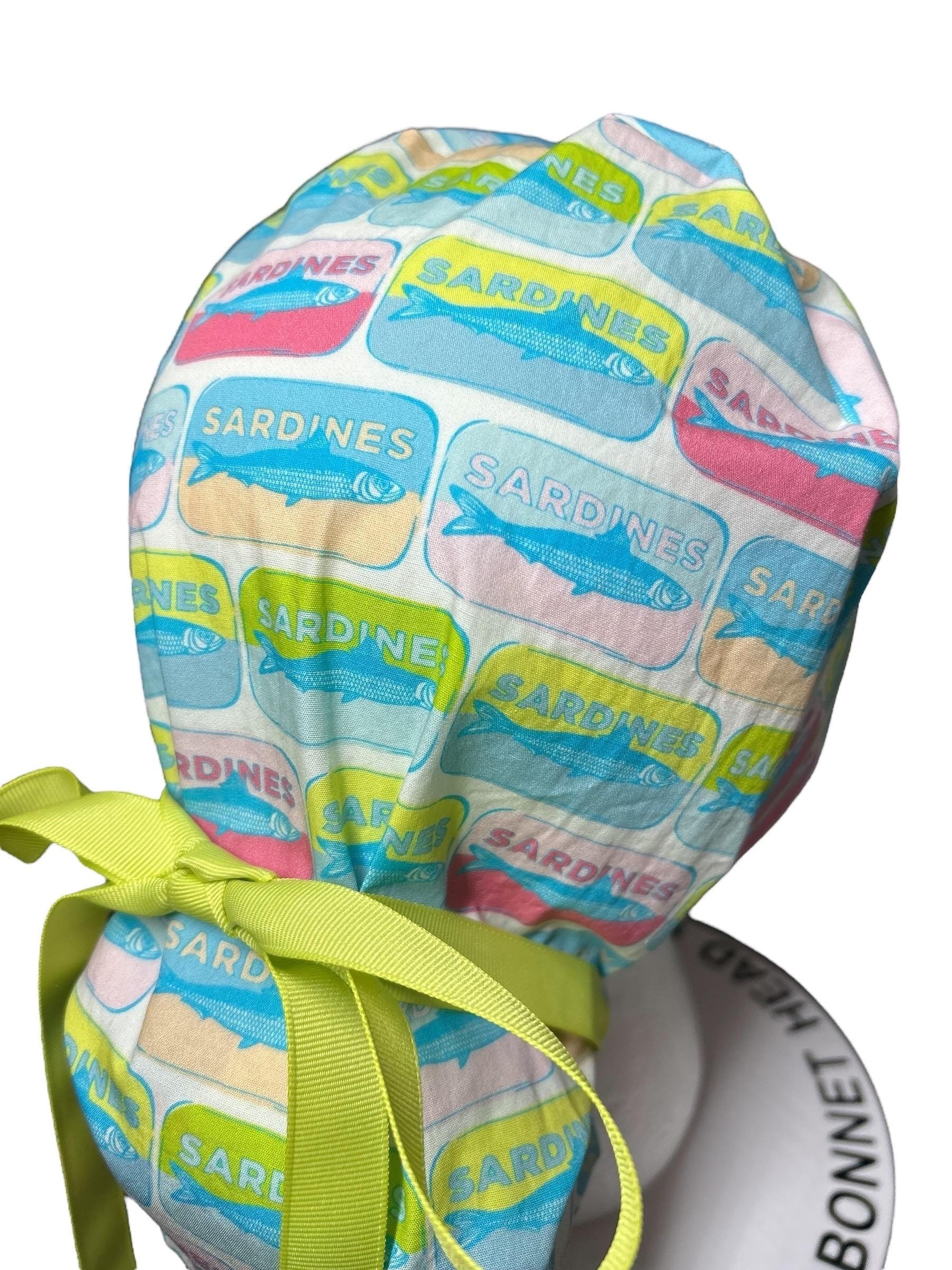 Sardines Print Ponytail Scrub Cap with ribbon ties