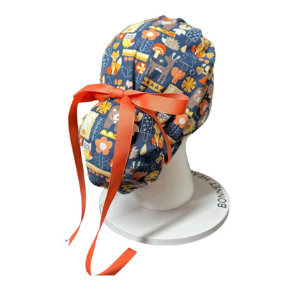 Navy Fall Animal Print Ponytail Scrub Cap: Adjustable Pocket