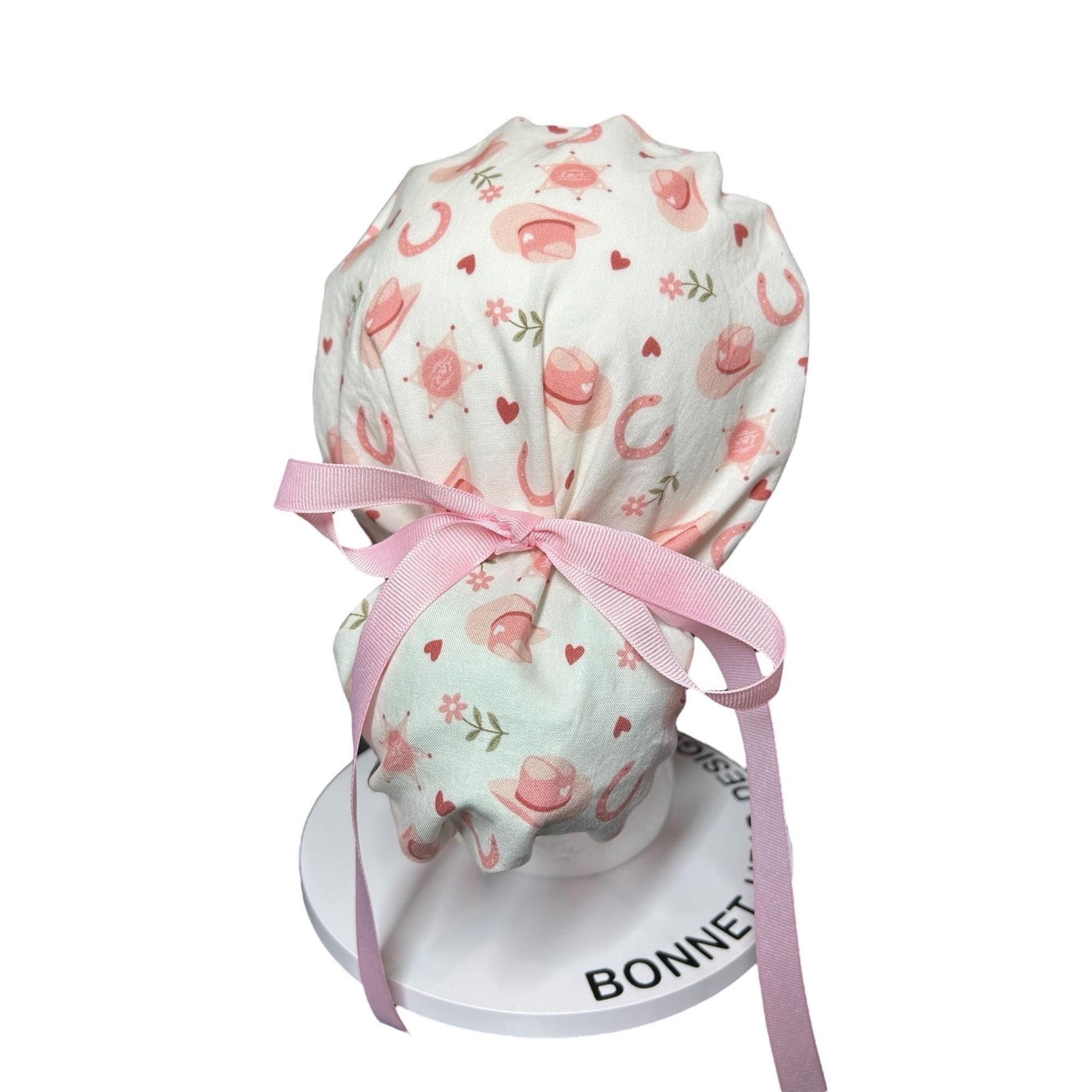 Cowgirl Scrub Cap: Organic Cotton Ponytail Hat with Pink Ribbon