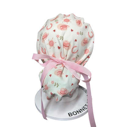 Cowgirl Scrub Cap: Organic Cotton Ponytail Hat with Pink Ribbon