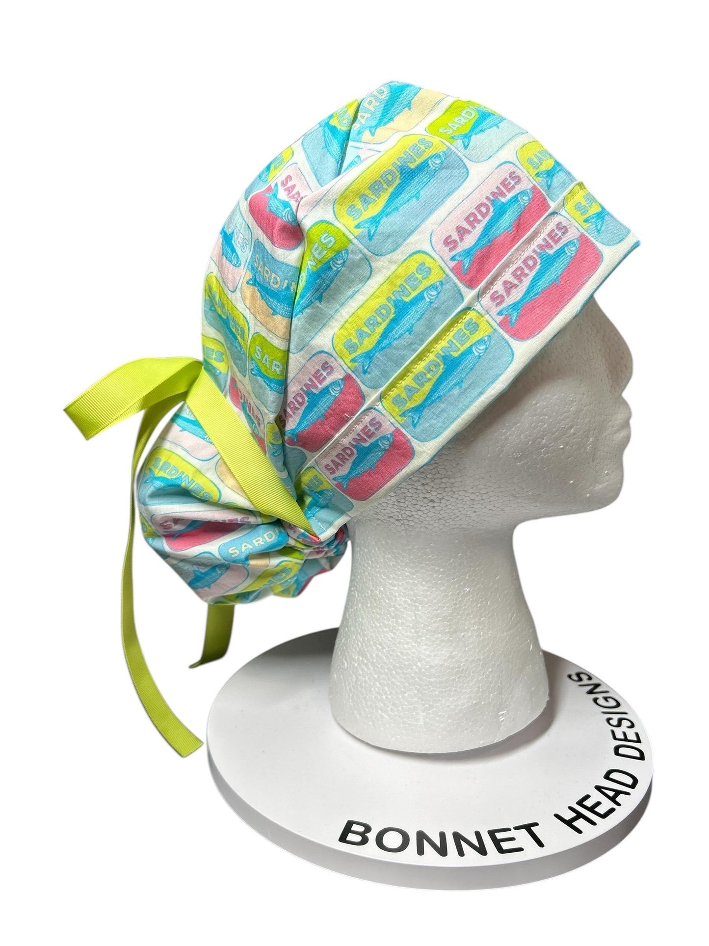 Sardines Print Ponytail Scrub Cap with ribbon ties