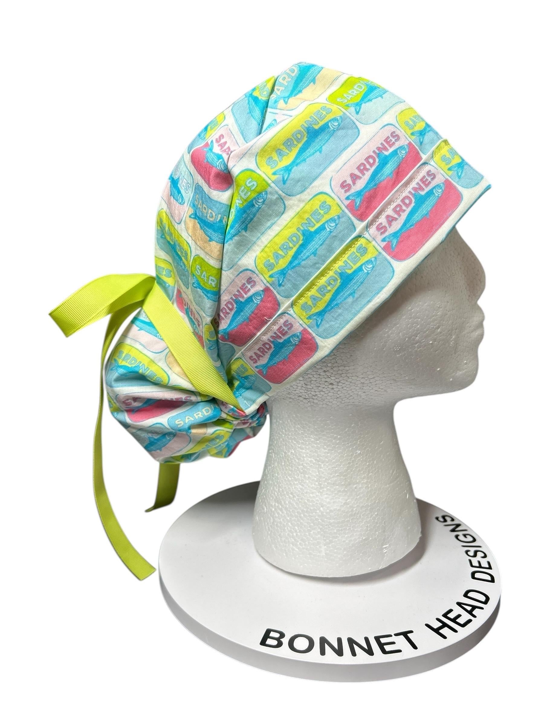 Sardines Print Ponytail Scrub Cap with ribbon ties