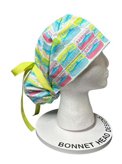Sardines Print Ponytail Scrub Cap with ribbon ties