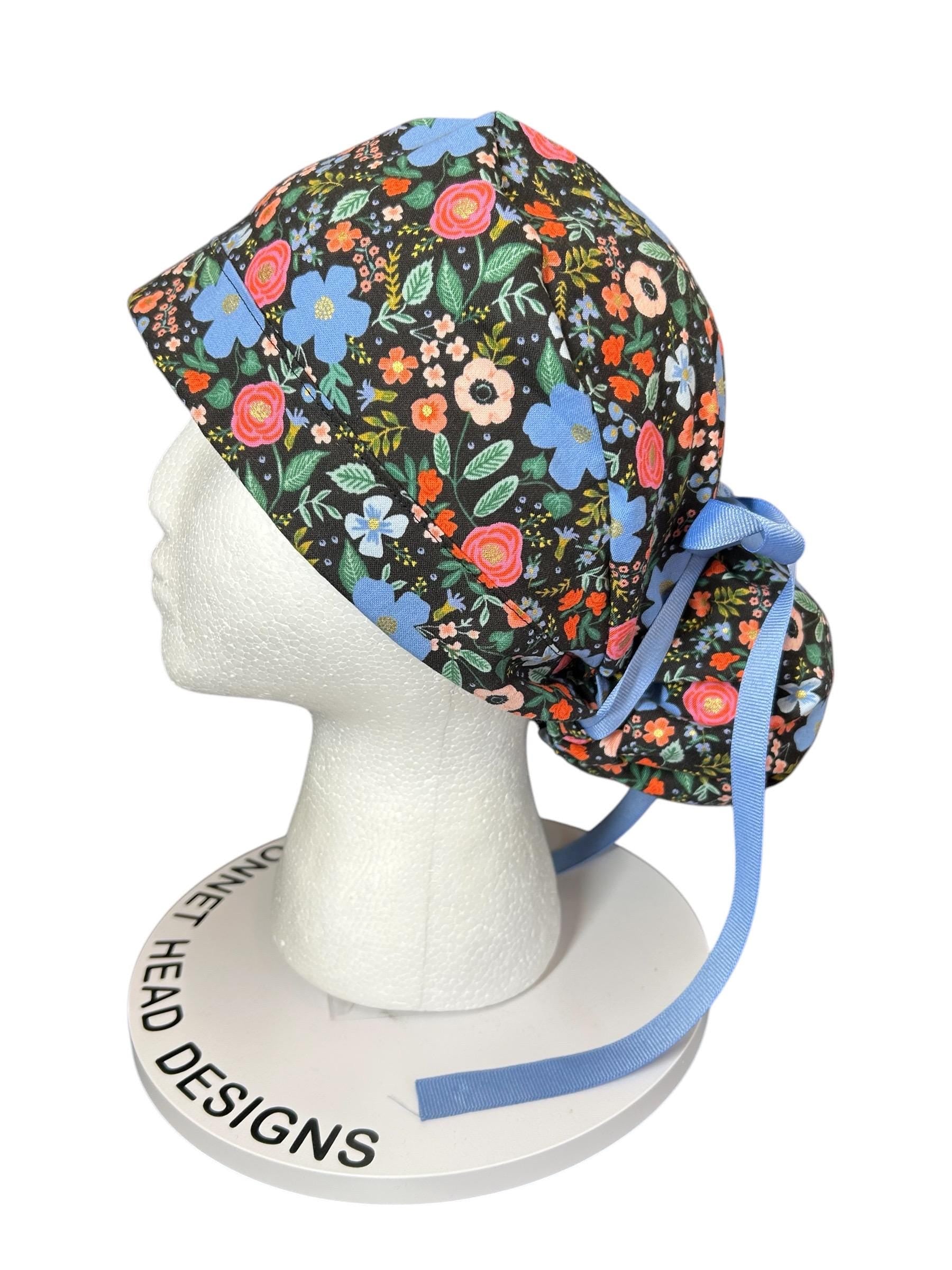 Wild rose black floral ponytail scrub hat, black metallic rose ponytail scrub hat, Bonnet Head Designs