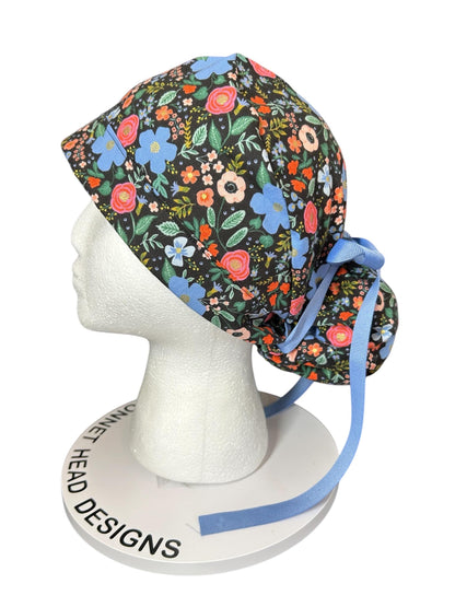 Wild rose black floral ponytail scrub hat, black metallic rose ponytail scrub hat, Bonnet Head Designs