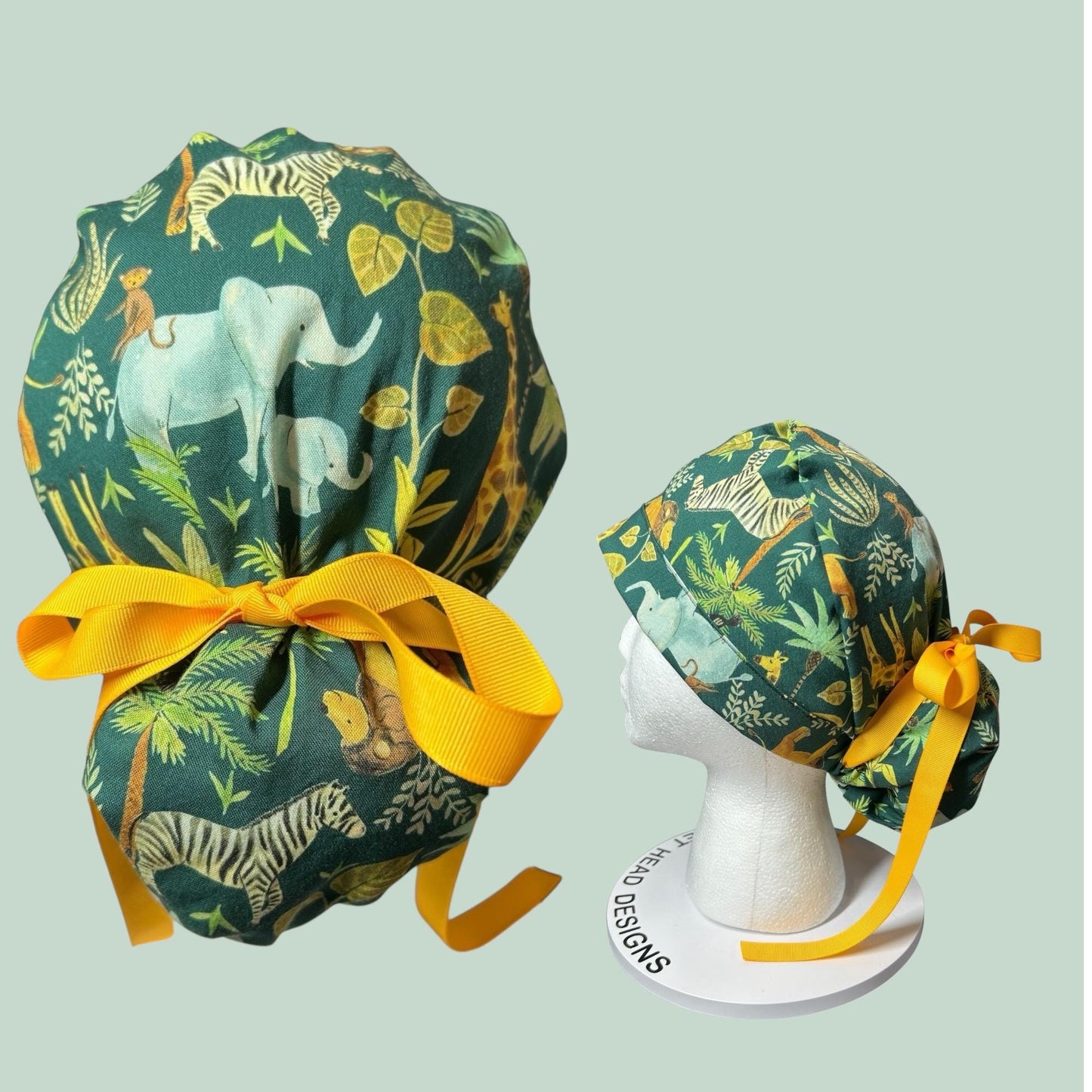 Jungle Print Ponytail Scrub Cap for long hair, satin lining option