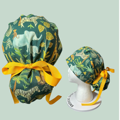 Jungle Print Ponytail Scrub Cap for long hair, satin lining option