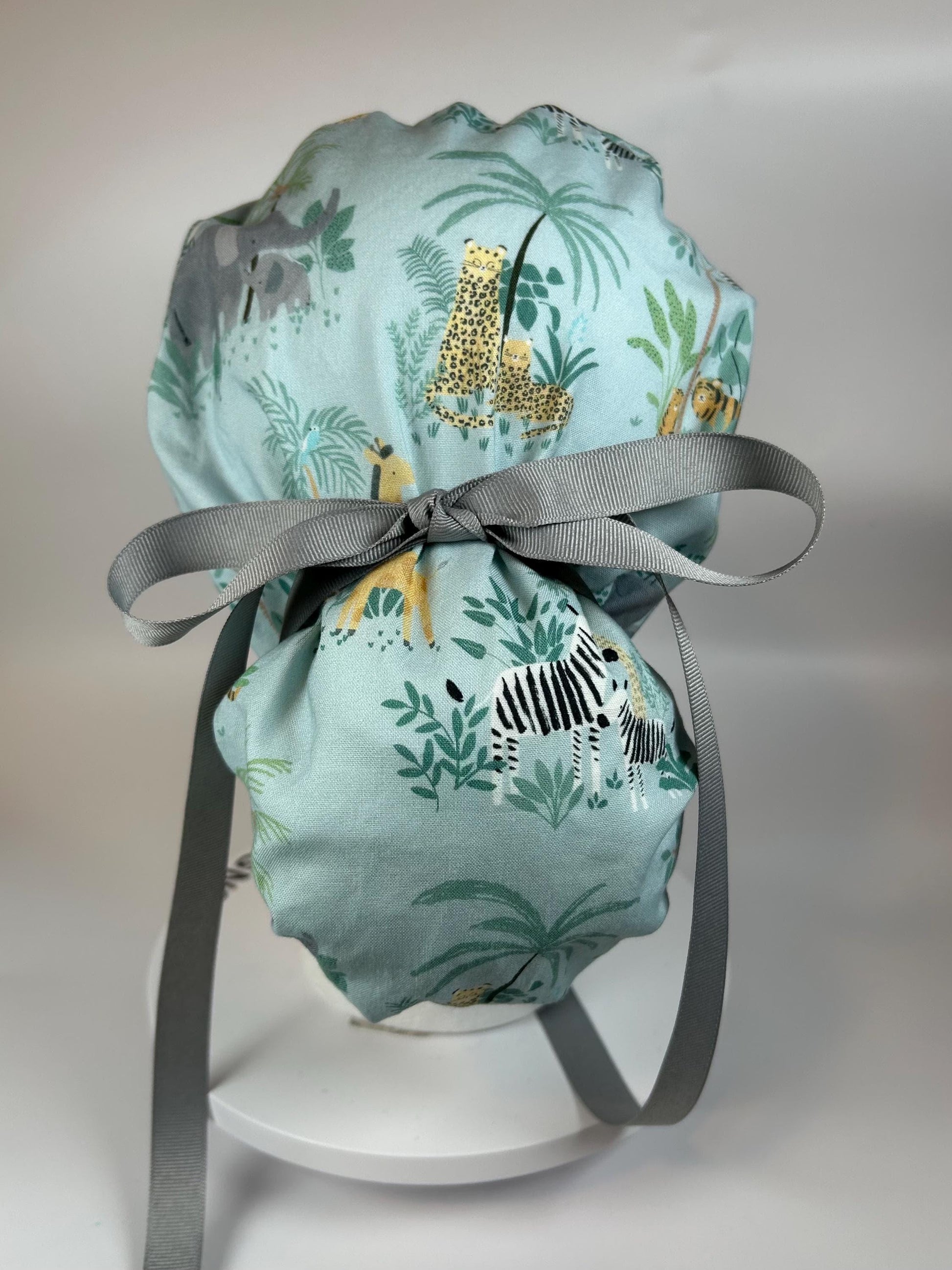 Jungle print ponytail scrub hat, elephant and giraffe print surgical cap, Bonnet Head Designs