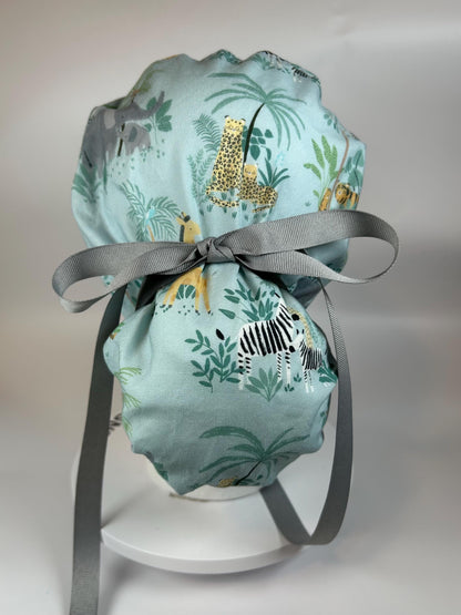 Jungle print ponytail scrub hat, elephant and giraffe print surgical cap, Bonnet Head Designs
