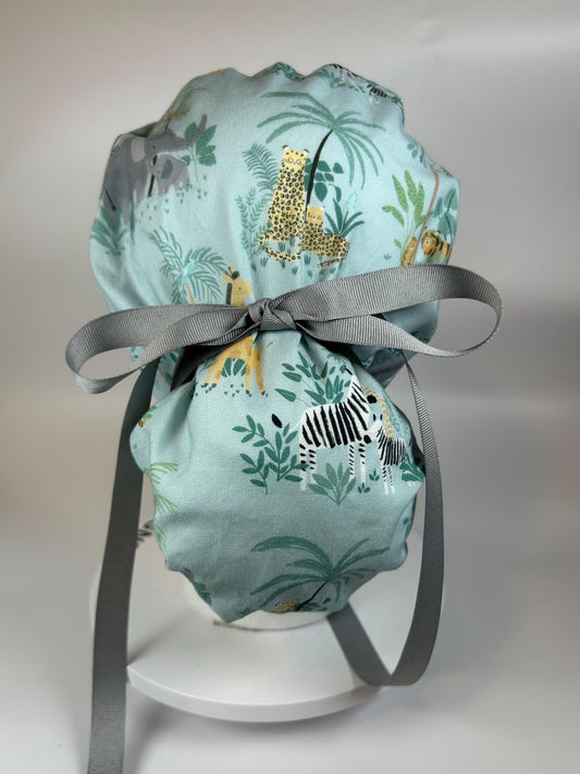 Jungle print ponytail scrub hat, elephant and giraffe print surgical cap, Bonnet Head Designs