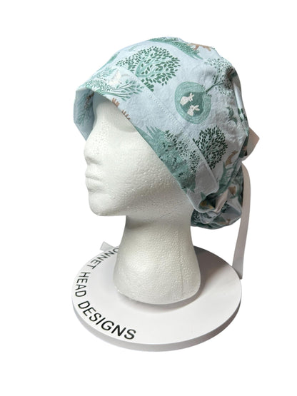 Forest Animals Ponytail Scrub Cap: Women's Cinch Tie Hat