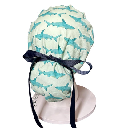 Shark Print Ponytail Scrub Cap- scrub hat with ribbon ties and optional satin lining