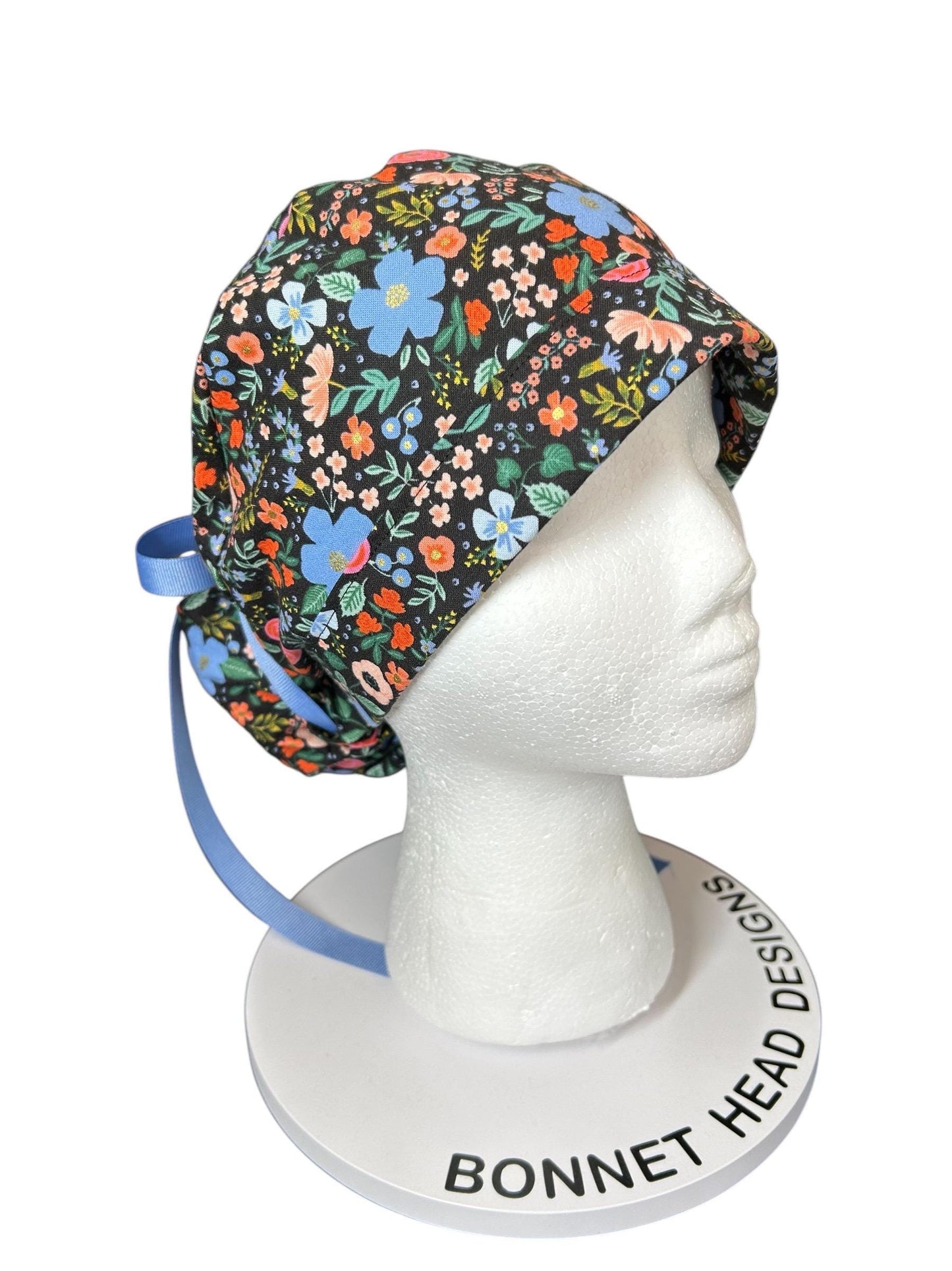 Wild rose black floral ponytail scrub hat, black metallic rose ponytail scrub hat, Bonnet Head Designs