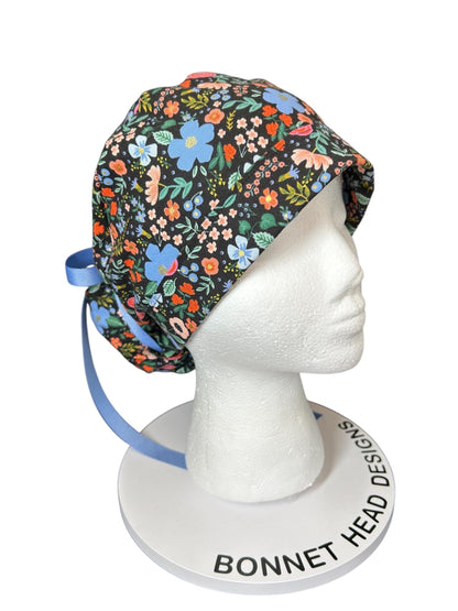 Wild rose black floral ponytail scrub hat, black metallic rose ponytail scrub hat, Bonnet Head Designs