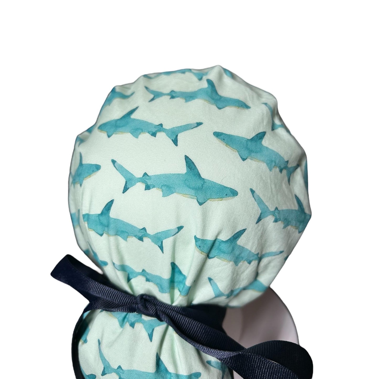 Shark Print Ponytail Scrub Cap- scrub hat with ribbon ties and optional satin lining