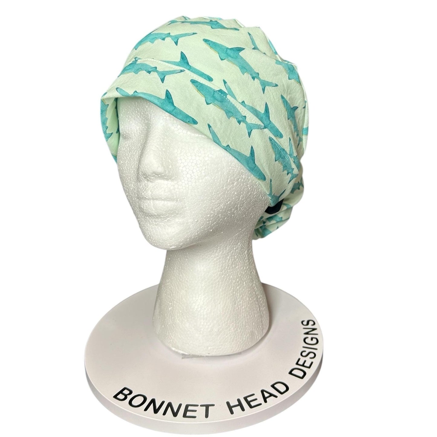 Shark Print Ponytail Scrub Cap- scrub hat with ribbon ties and optional satin lining