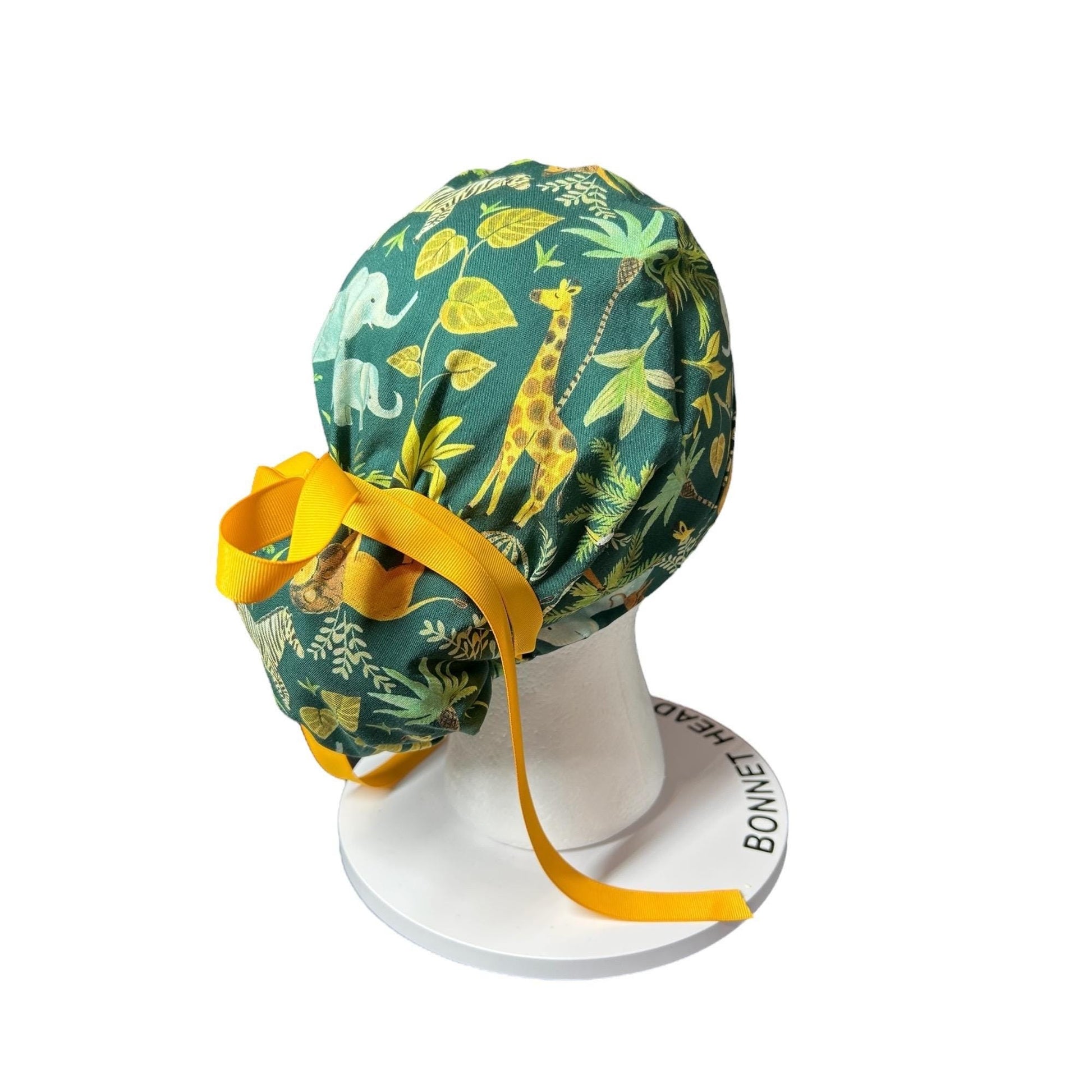 Jungle Print Ponytail Scrub Cap for long hair, satin lining option