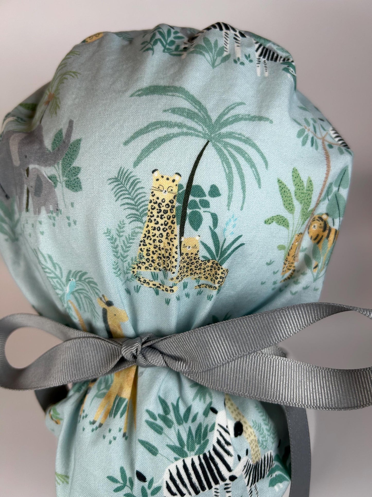 Jungle print ponytail scrub hat, elephant and giraffe print surgical cap, Bonnet Head Designs
