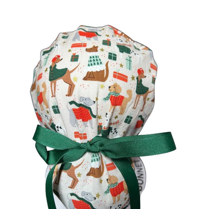 Christmas Dogs Ponytail Scrub Cap: 'Merry Pawmas' Cream Fabric