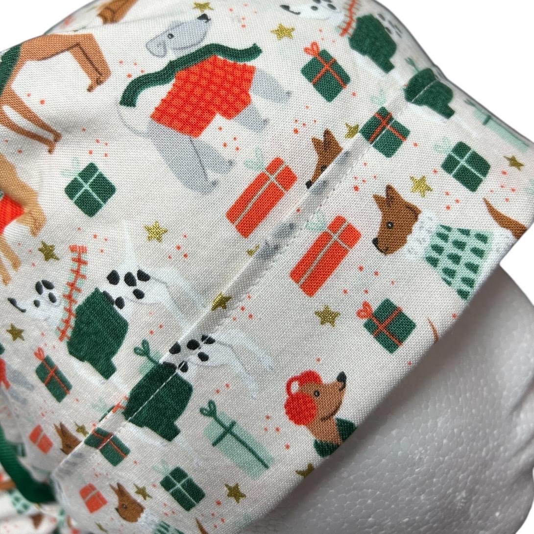 Christmas Dogs Ponytail Scrub Cap: 'Merry Pawmas' Cream Fabric