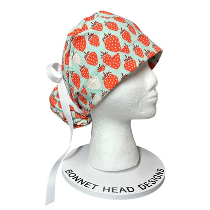 Strawberry Print Ponytail Scrub Cap, Under the Apple Tree fabric with ribbon ties