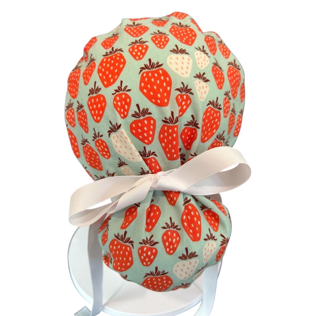 Strawberry Print Ponytail Scrub Cap, Under the Apple Tree fabric with ribbon ties