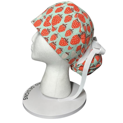 Strawberry Print Ponytail Scrub Cap, Under the Apple Tree fabric with ribbon ties
