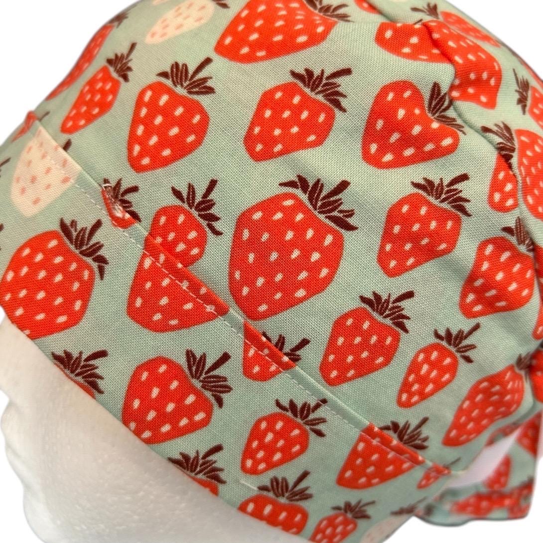 Strawberry Print Ponytail Scrub Cap, Under the Apple Tree fabric with ribbon ties