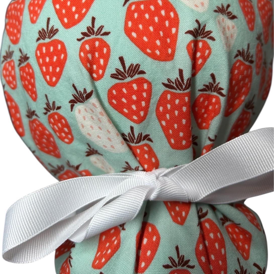 Strawberry Print Ponytail Scrub Cap, Under the Apple Tree fabric with ribbon ties