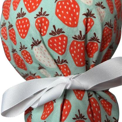 Strawberry Print Ponytail Scrub Cap, Under the Apple Tree fabric with ribbon ties
