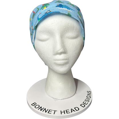 Christmas Dinosaurs euro scrub hat- satin lining option- OR headwear