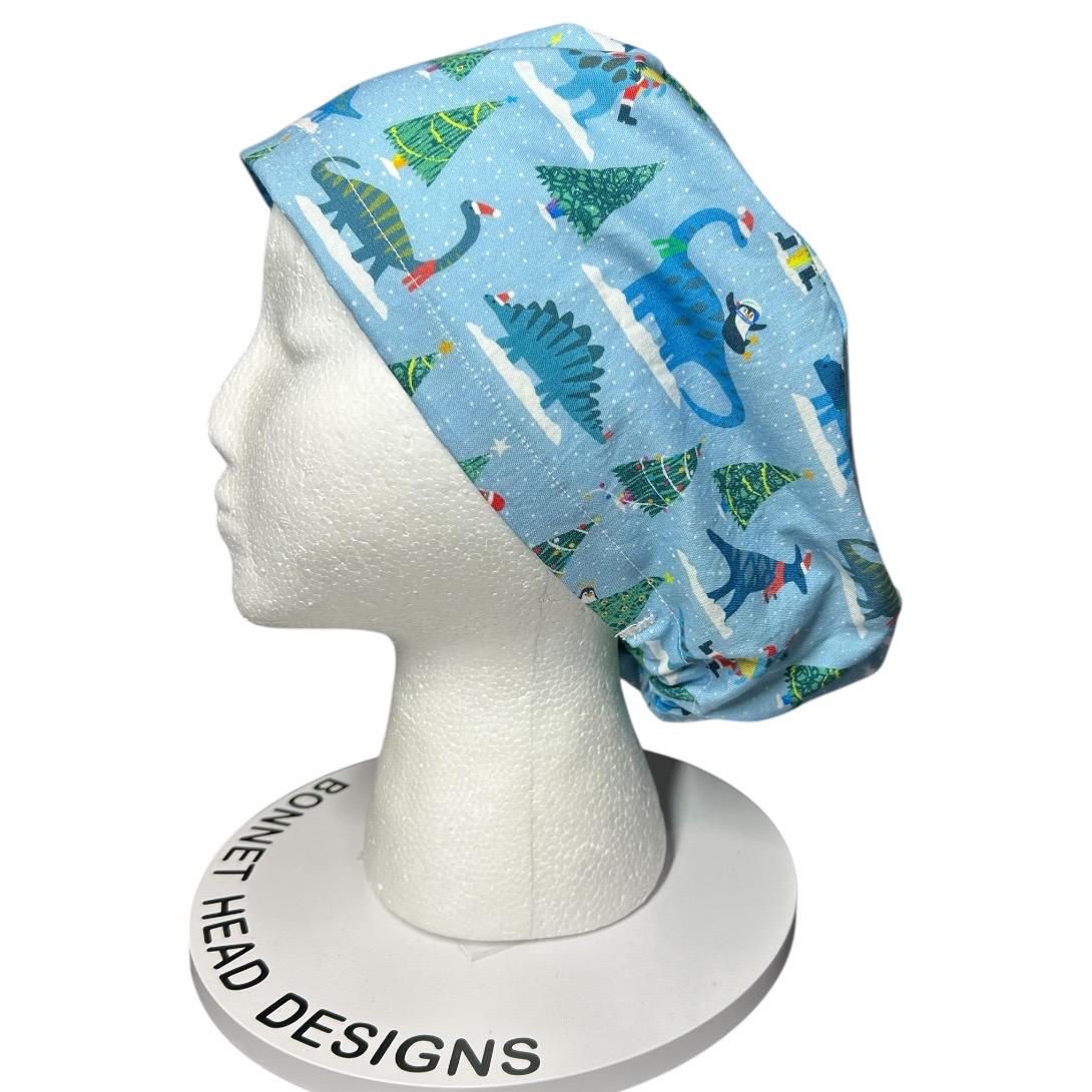 Christmas Dinosaurs euro scrub hat- satin lining option- OR headwear