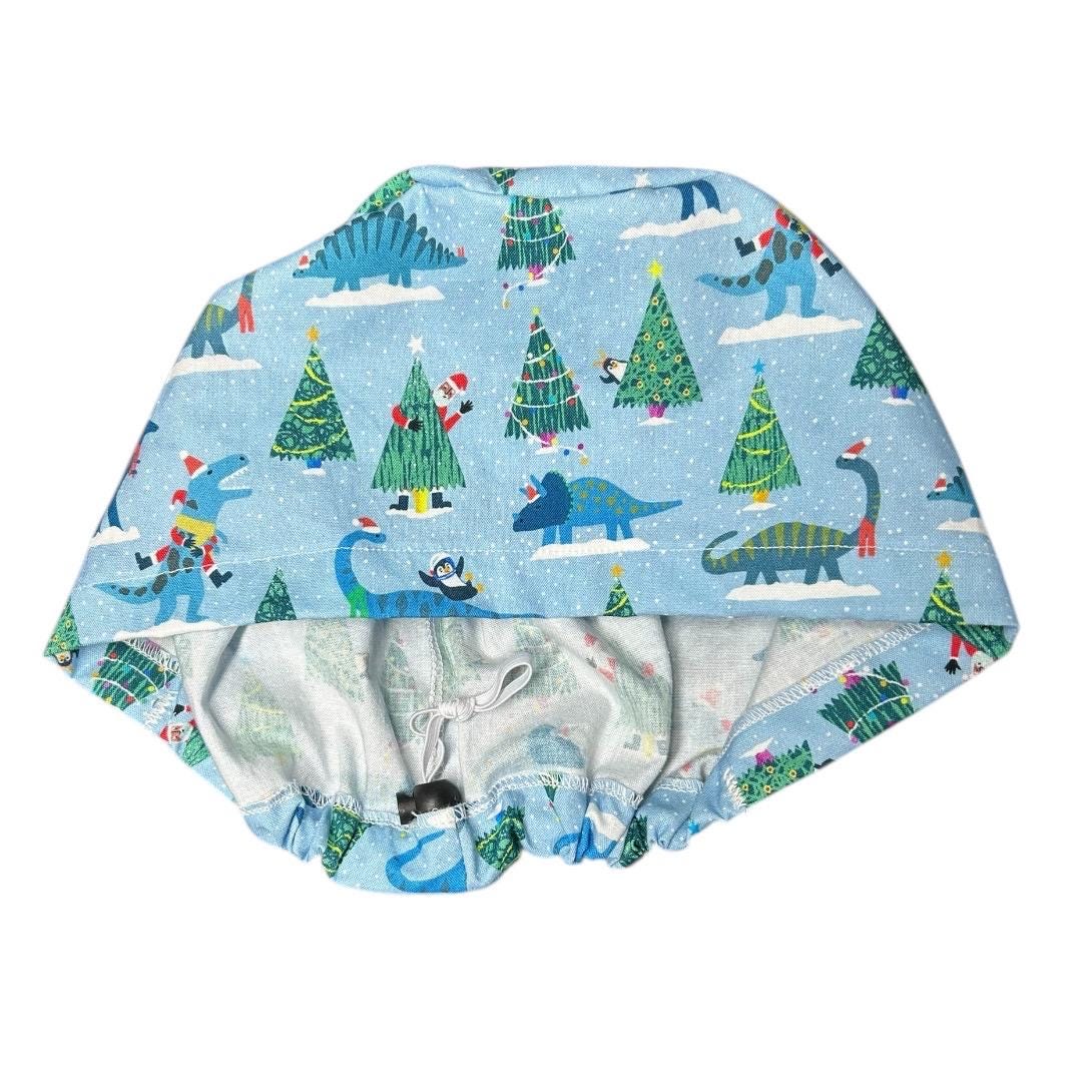 Christmas Dinosaurs euro scrub hat- satin lining option- OR headwear