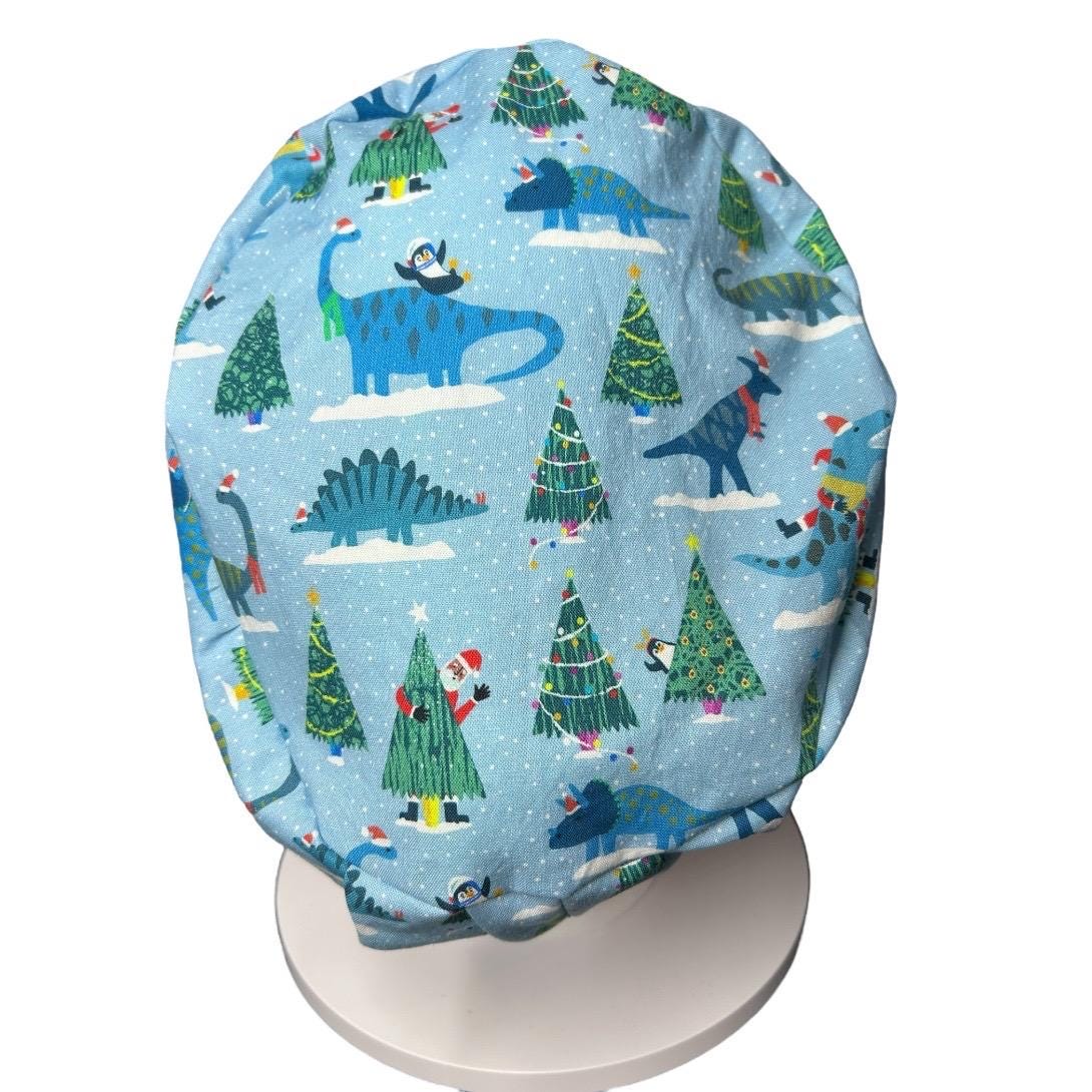 Christmas Dinosaurs euro scrub hat- satin lining option- OR headwear