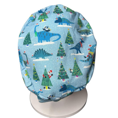 Christmas Dinosaurs euro scrub hat- satin lining option- OR headwear
