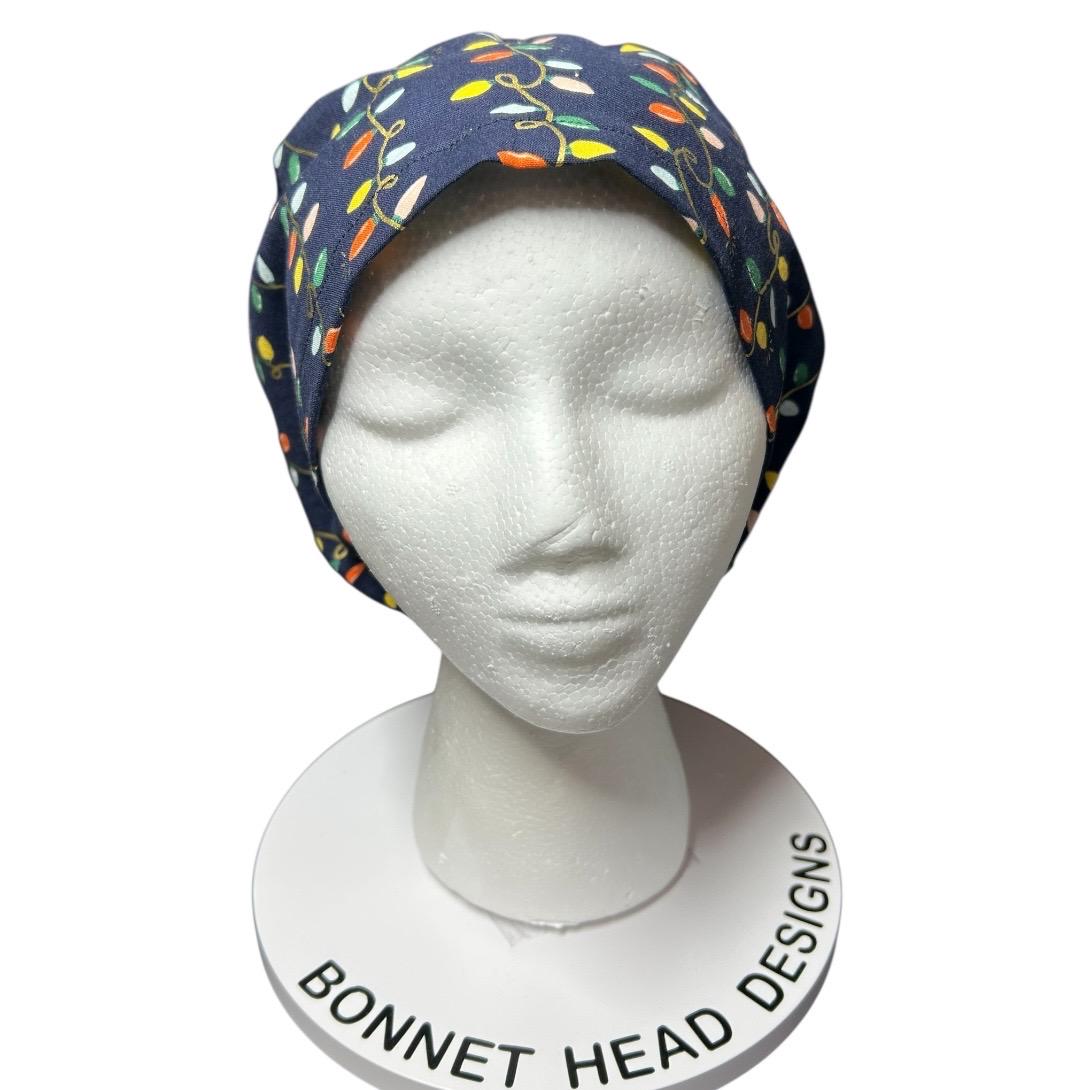 Navy Christmas Lights Euro Style Toggle Scrub hat: Rifle Paper Co fabric