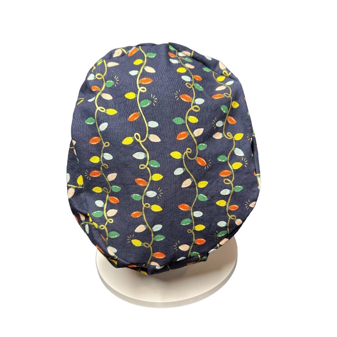 Navy Christmas Lights Euro Style Toggle Scrub hat: Rifle Paper Co fabric