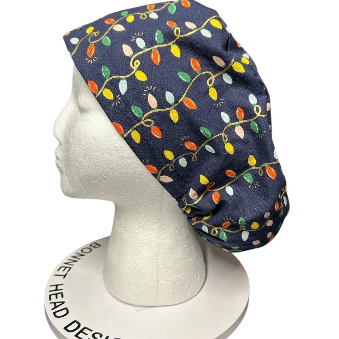 Navy Christmas Lights Euro Style Toggle Scrub hat: Rifle Paper Co fabric