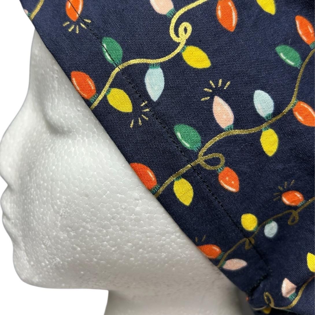 Navy Christmas Lights Euro Style Toggle Scrub hat: Rifle Paper Co fabric