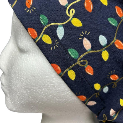 Navy Christmas Lights Euro Style Toggle Scrub hat: Rifle Paper Co fabric