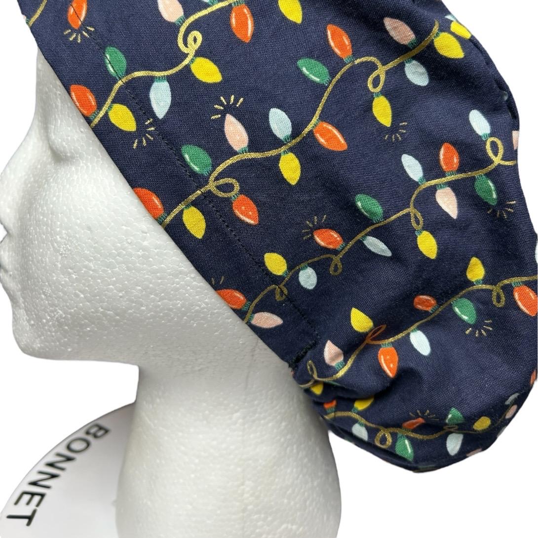 Navy Christmas Lights Euro Style Toggle Scrub hat: Rifle Paper Co fabric
