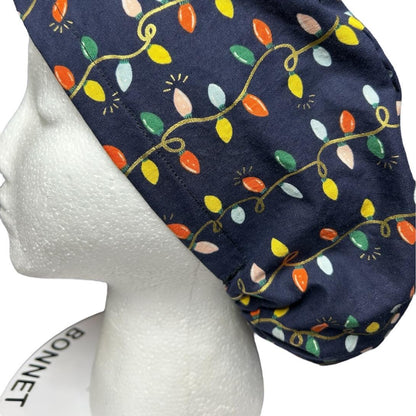 Navy Christmas Lights Euro Style Toggle Scrub hat: Rifle Paper Co fabric
