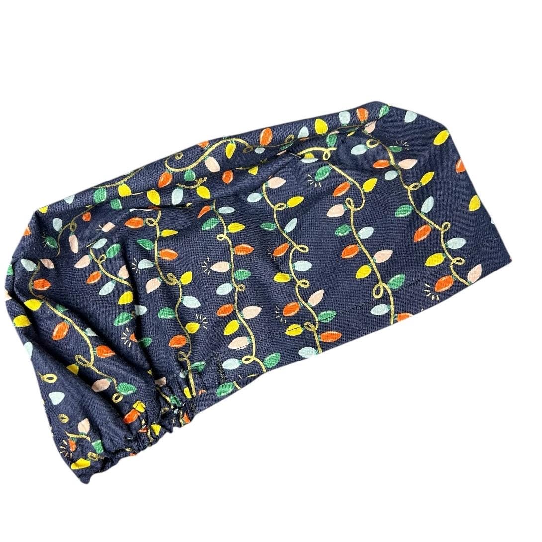 Navy Christmas Lights Euro Style Toggle Scrub hat: Rifle Paper Co fabric