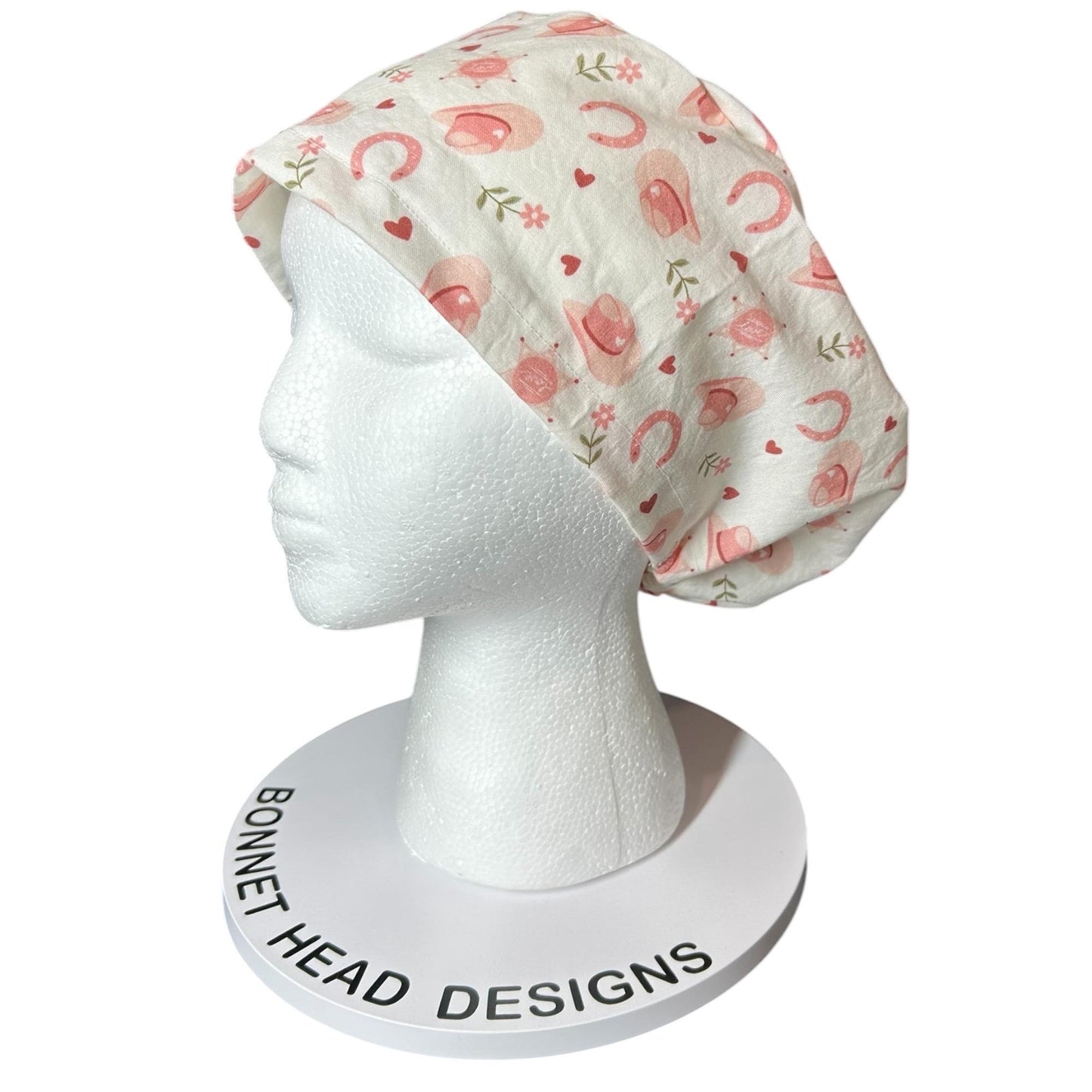 Petals and Pony Luck Euro Scrub Cap: Cowgirl print scrub Hat with toggle
