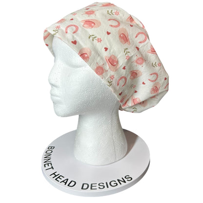 Petals and Pony Luck Euro Scrub Cap: Cowgirl print scrub Hat with toggle
