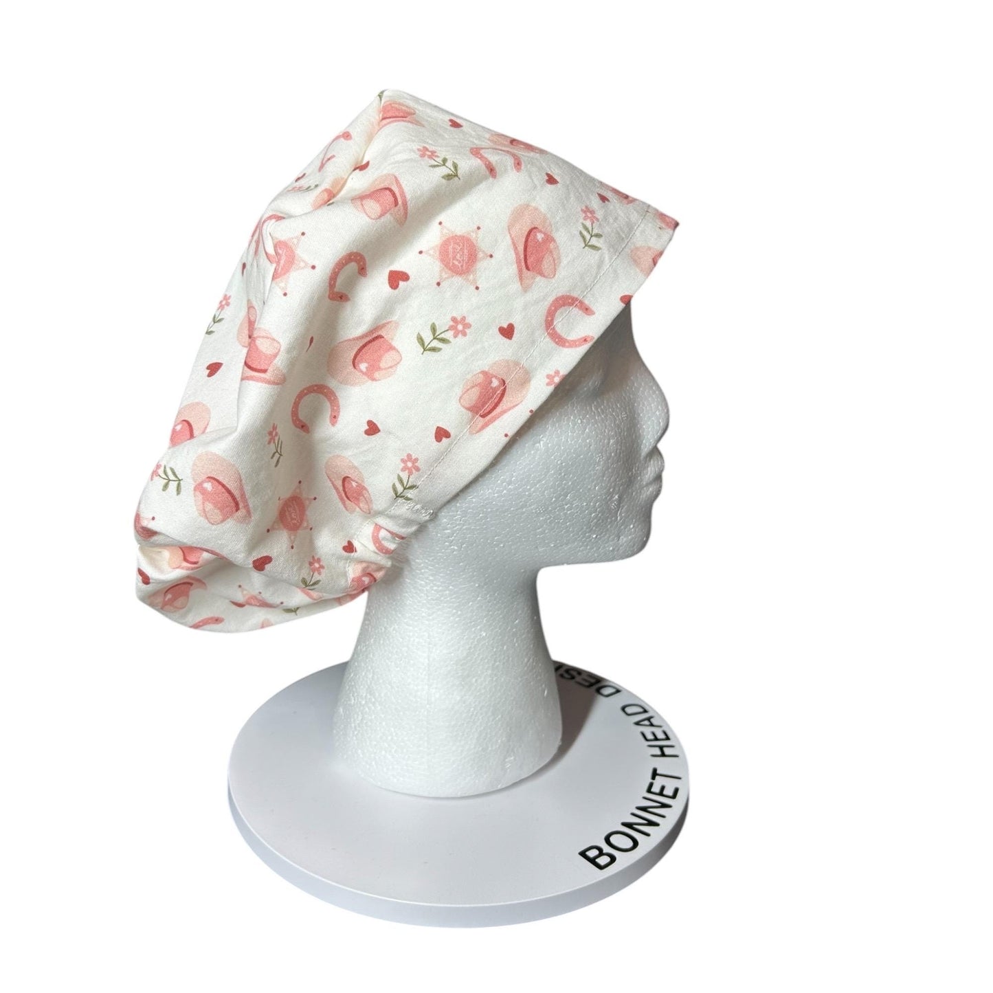 Petals and Pony Luck Euro Scrub Cap: Cowgirl print scrub Hat with toggle