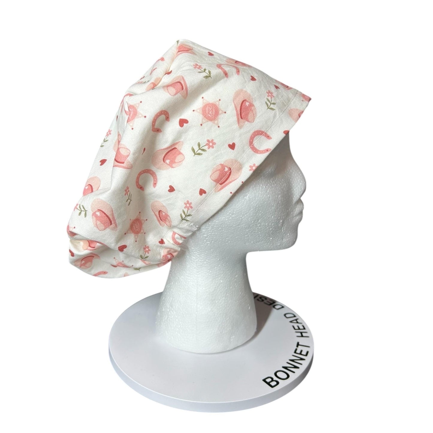 Petals and Pony Luck Euro Scrub Cap: Cowgirl print scrub Hat with toggle